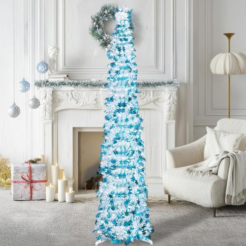 5ft Pop Up Christmas Tree with 50 LED Light, White Tinsel Christmas Tree Collapsible Artificial Pencil Tree for Xmas Party Holiday Decor Indoor Yard Garden Outdoor Decorations (White Sky Blue)