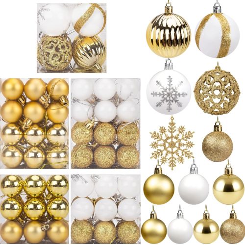 100PCS Christmas Tree Ornaments, Christmas Ball Set Glitter Shatterproof Baubles Snowflakes Gold White for Xmas Tree Wreath Party Wedding
