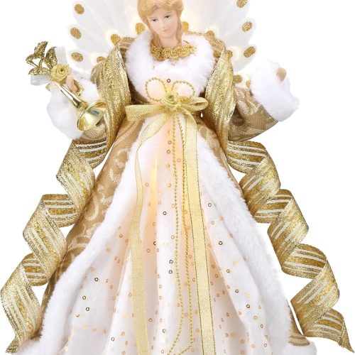 Lighted Christmas Tree Topper Angel with Timer, 16 Inch Luxury White Gold Fabric Small Angel Tree Topper with Lights for Christmas Tree Decor Indoor, Battery Operated, Valentines Gift
