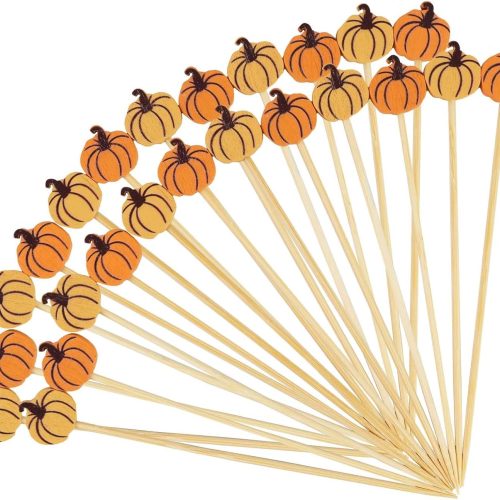 100PCS Fall Pumpkin Cocktail Picks - 4.7Inch Two Color Fall Pumpkin Fruit Stickers Autumn Theme Bamboo Toothpicks Sandwich Appetizer Skewers for Fall Thanksgiving Day Decorations Party Supplies