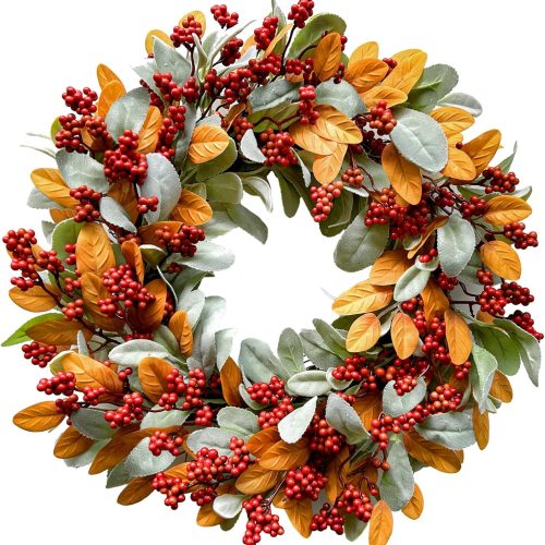 TEMPUS 18inch Autumn Wreath Fall Orange Lamb Ear Leaves with Red Berry Wreath for Front Door Harvest Festival Window Wedding Autumn Outdoor Indoor Decor