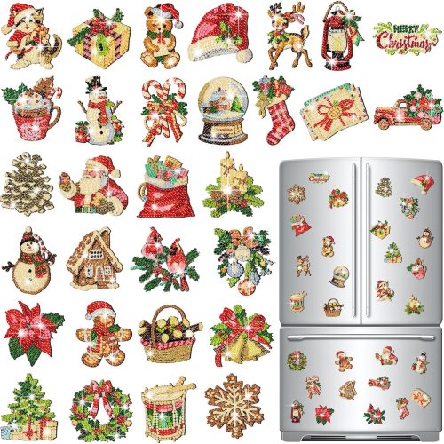 30 Pcs Christmas Diamond Art Magnets Kits DIY Santa Claus Diamond Fridge Magnetic Stickers Xmas Gem Art Magnets for Beginners Holiday Decor Home