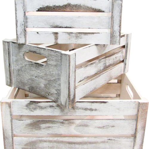 Admired By Nature Wooden Crates Storage Container, Rustic White Set of 3, Farmhouse Style Decorative Baskets for Home Decor, Rustic Decor, Nesting Stackable Organizers, Distressed Wood Crates