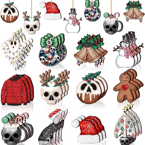 Maitys 36 Pcs Gothic Christmas Ornaments Wooden Horror Spooky Tree Ornaments Purple Pink Ghost Black Cat Skull Pumpkin Wood Cutouts with Rope Gothic Christmas Decor for Tree Home Wreath Party Gifts
