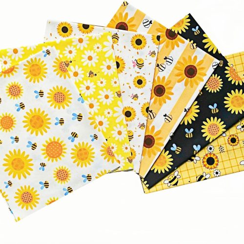 Bee Cotton Fabric Fat Quarters Sunflower Daisy Honeycomb Quilt Bundles Bee Theme Quilting Fabric for Summer Handmade Craft Decor, Yellow Black Sewing Fabrics for DIY Crafts 18 x 22 Inch (6Pcs)