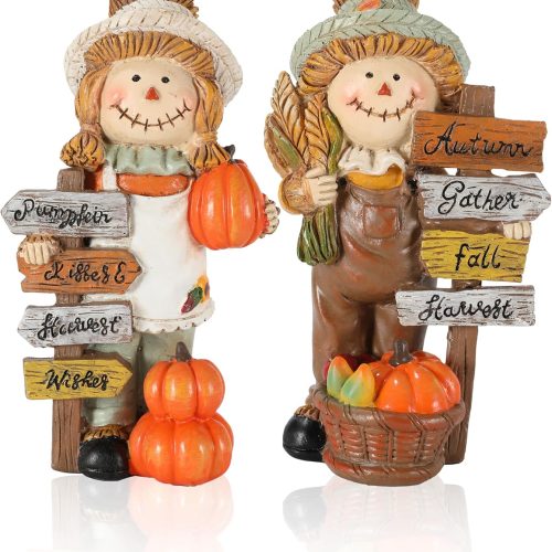 2-Pack Thanksgiving Scarecrow Figurines with Inspirational Autumn Plaques - Durable Resin 5.5'' Thanksgiving Table Decor - Fall Decorations Indoor Outdoor Harvest Gifts (Scarecrows)