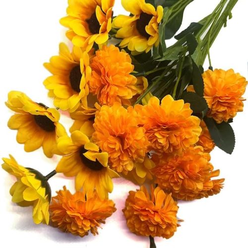 Aliotech 2 Bunches Yellow Sunflowers Artificial Flowers and 2 Bunches Artificial Marigold Flowers Chrysanthemum for Home Decoration Party Wedding Bouquets Indoor Decoration(20 Flowers)