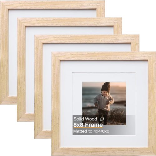 8x8 Picture Frame, Natural Square Solid Wood Frames for Pictures 4x4 and 6x6 with Mat or 8x8 without Mat, Wall and Tabletop Display Photo Frames Natural Wood 4 Pack