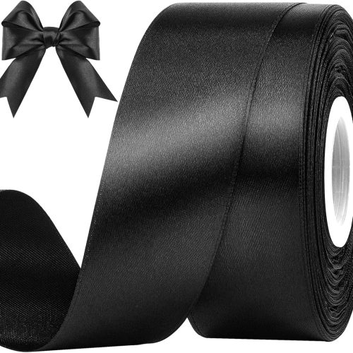 1-1/2 Inches 50 Yards Black Satin Ribbon, Solid Fabric Ribbon Roll for Flower Bouquets, Gift Wrapping, Wedding, Handmade Crafts