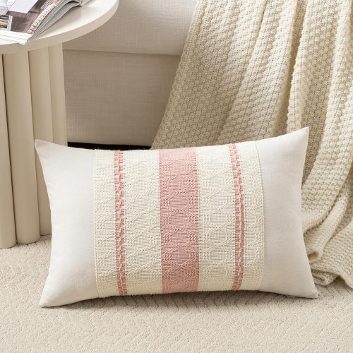 Set of 1 Boho Pink Lumbar Decorative Throw Pillow Cover 12x20 Inch for Couch Bed Sofa Chair, Modern Organic Farmhouse Home Decor, Soft Cotton Cute Accent Rectangle Cushion Case