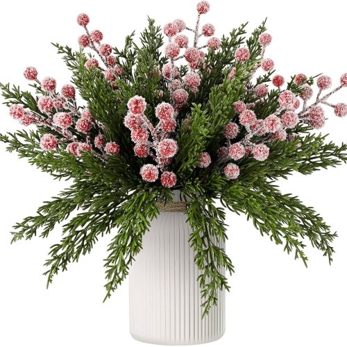 45PCS Christmas Artificial Pine Branches with Holly Berry Stems Sprays Snowy Red Berries, Faux Evergreen Norfolk Pine Cypress Leaves Stems with Holly Flowers Picks for DIY Craft Holiday Winter Decor