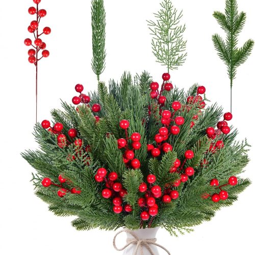 60pcs Christmas Artificial Pine Sprigs Branches with Red Berry Stems,3.9”-11.4”Faux Evergreen Norfolk Pine Leaf Stems, Fake Foliage Needle Picks for DIY Craft Garland Home Decoration