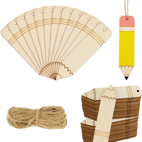 1 50Pcs Back to School DIY Craft Cutout Wooden Pencil Shaped Hanging Ornaments with Hemp Rope for First Day of School Classroom Party Decoration Supplies