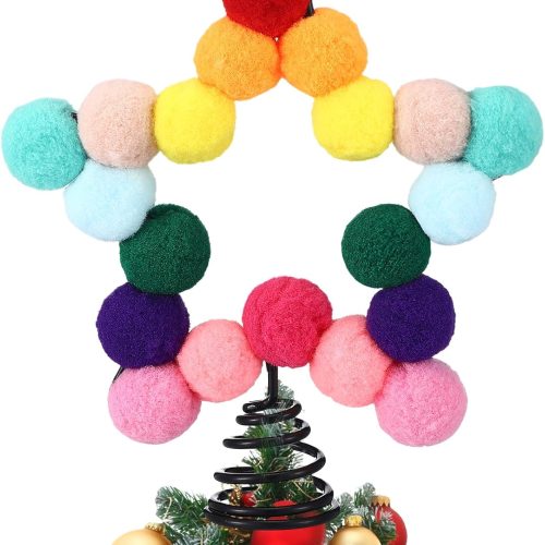 Rainbow Mini Felt Ball Star Christmas Tree Topper Small Colorful Pom Pom Felt Ball 4.7 x 5.9 Inch Tiny Xmas Tree Topper Colorful Five Pointed Star Xmas Ornaments for Decoration