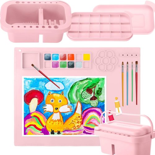 2 Pcs Painting Supplies Set with Silicone Painting Mat & Paint Brush Cleaner Bucket for Crafts Paint Brush Holder Organizer with Palette Party Art Supplies for Kids, Adults & Beginners
