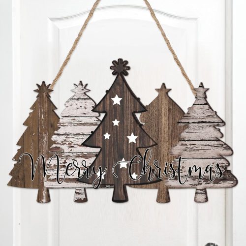 Rustic Christmas Door Sign Decor Neutral Wooden Farmhouse Christmas Tree Hanging Sign Nature Vintage Xmas Front Door Decor Wood Welcome Hanger for Home Wall Indoor Outdoor Decoration