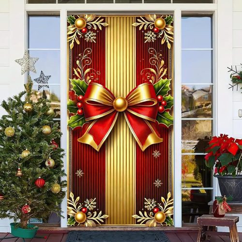 Christmas Door Cover 71x35 Inch Gift Box Door Banner, Merry Christmas Winter Porch Sign with Red and Gold Bow, Holiday Entry Decor Indoor Outdoor Farmhouse Party Hanging Cover