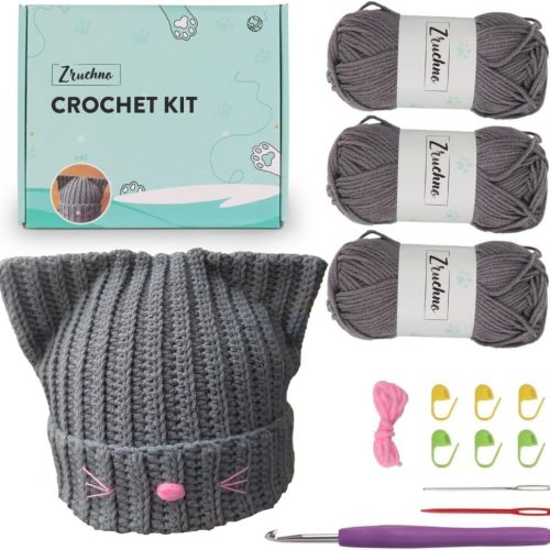 Hat Beanie Crochet Kit, Crochet Kit for Beginners, Step-by-Step Video Tutorials and Detailed Instruction, Complete DIY Learn to Crochet, Crochet Starter Kit with Yarn Hook All Accessories, Cat Ear Hat