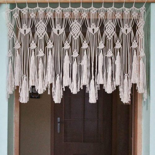 Macrame Curtains Valance with Bead for Kichen Boho Window Short Doorway Curtains Valance Wall Hanging Treatments Above Bed Decor for Bedroom Livingroom Kitchen Bathroom Wall Decor 47x22Inch