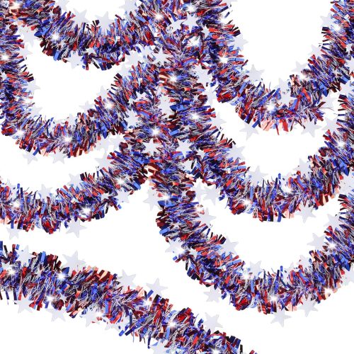 33FT 4th of July Garland, Red White and Blue Patrioic Star Metallic Tinsel Garland for Independence Day, Memorial Day and Veterans Day Decorations