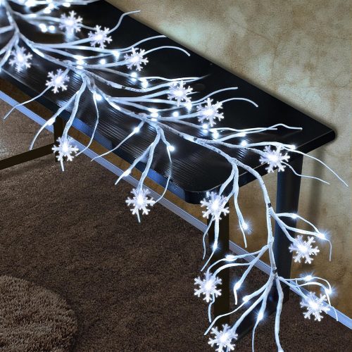 6 Ft 54 LED Lighted Birch Garland Prelit Branches with Timer 8 Modes 18 Snowflakes Cold White Lights Battery Operated Twig Vine Garland for Mantle Fireplace Table Christmas Decorations Indoor Outdoor