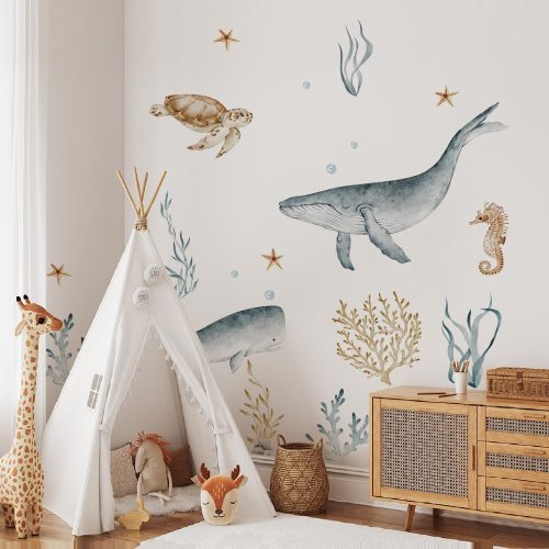 Ocean Wall Decals Watercolor Under The Sea Wild Life Animals Sea Turtles Whales Wall Stickers Waterproof Peel and Stick Removable Ocean