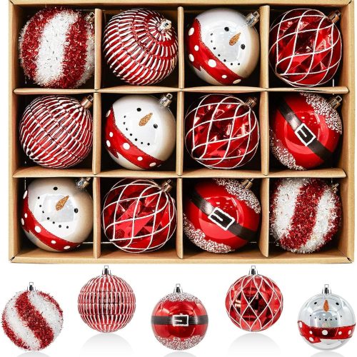 JORNOY Christmas Tree Ornaments Set of 12, 3.15inch/80MM Shatterproof Plastic Xmas Tree Ball Ornaments Bulk Decorative Hanging Baubles for Xmas Tree Decor Holiday Party Decorations, Red & White