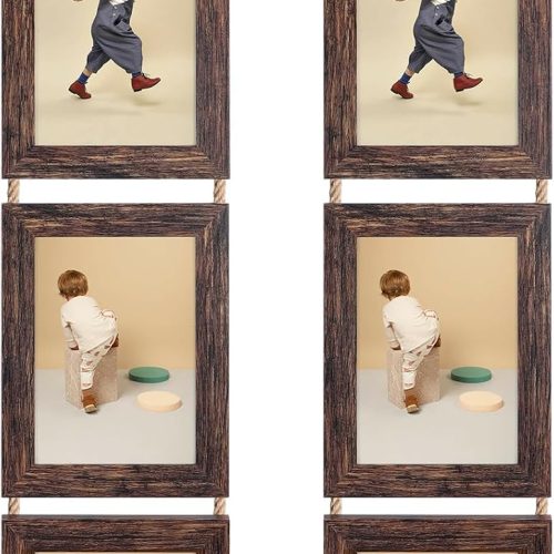 Lavezee Wall Hanging 5x7 Picture Frames Set of 2, Vertical Collage Distressed Brown Triple Frame Made to Display 5 by 7 inch Photo for Wall Decor