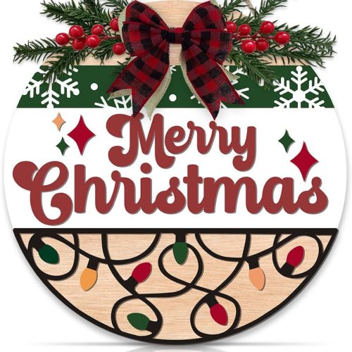 OLMIXA Merry Christmas Wreath Wooden Sign (12x12 inch), Bright Christmas Welcome Front Door Hanger, Xmas Winter Holiday Decorative Signs for Farmhouse Garden Porch Decor