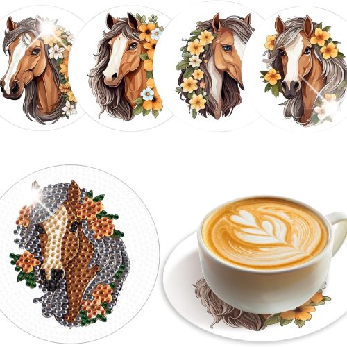 antor 4 Pcs Diamond Painting Coasters Kit, DIY 5D Diamond Art Coasters for Adults, Animal Horse Diamond Dot Coaster Kits, Creative Table Decor, Home Dining and Christmas Gift