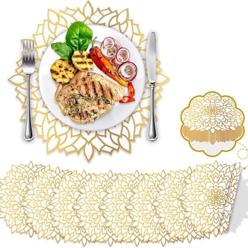 50PCS Disposable Gold White Metallic Round Paper PlaceMats Round Floral Charger Table Mat Table Setting Mat Pressed Paper Round Place Mats for Wedding Birthday Party Dining Table Decor Supplies
