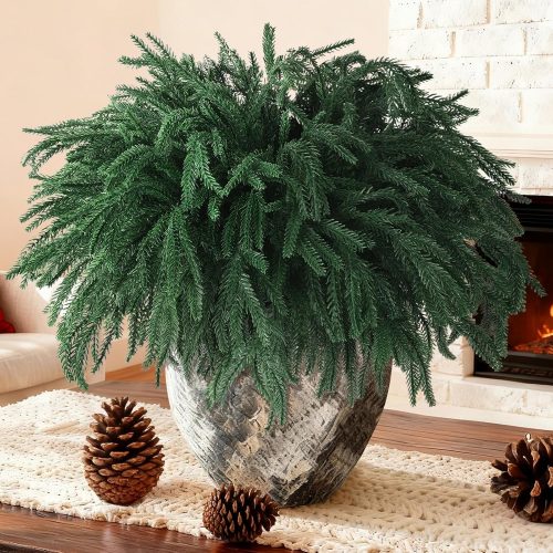 Homsunny 10 PCS Christmas Norfolk Pine Stems Real Touch Artificial Pine Branches Faux Christmas Greenery Stems 17" Fake Pine Branches for Vase DlY Crafts Indoor Outdoor Home Decor