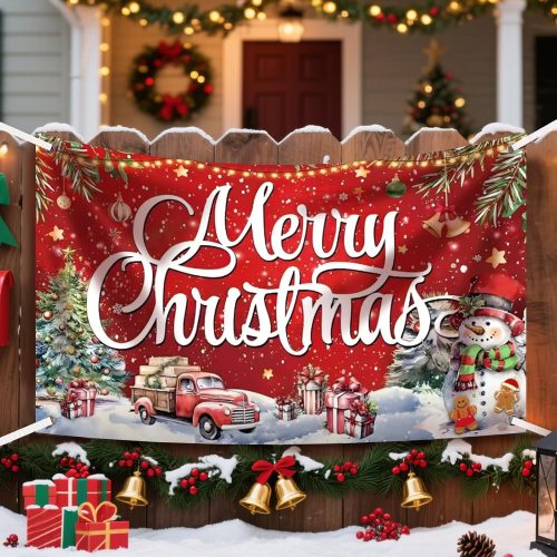 Large Merry Christmas Banner Decorations - 72x44 Inch Red Outdoor Christmas Sign for Yard, Porch, Home, Indoor Party Gifts & Photo Booth Backdrop