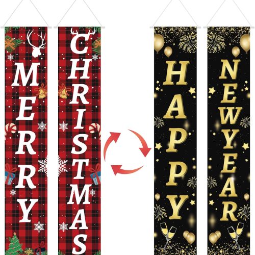 2pcs Reversible Christmas Banner and Door Sign - Double-Sided, Merry Christmas and Happy New Year - Indoor/Outdoor Home Porch Wall Decor