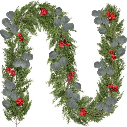 6.6Ft Artificial Cedar Christmas Garland Realistic Cypress Pine Needles Garland with Red Berrieies Eucalyptus Leaves Faux Greenery Decoration for Fireplace Mantel Xmas Porch Indoor Outdoor Décor