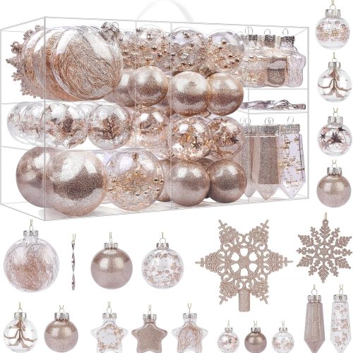 SHareconn 86PCS Christmas Tree Ornaments Clear Set,Shatterproof and Clear Plastic Baubles for Xmas Tree Decor, Holiday Wedding Party Decoration,Champagne