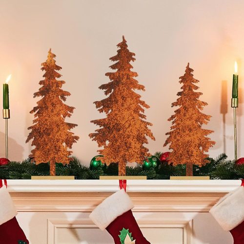 3 Pcs Metal Christmas Pine Tree Table Decor Vintage Christmas Tree Centerpieces Rustic Farmhouse Standing Sign with Wood Base for Winter Fall Home Mantel Fireplace Shelf Tiered Tray Decor