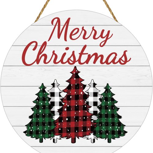 Christmas Decorations Indoor Door Decorations Wreaths for Front Door Hanger Merry Christmas Sign Wooden Buffalo Plaid Tree Wall Decor for Porch Wall Indoor Home Decor