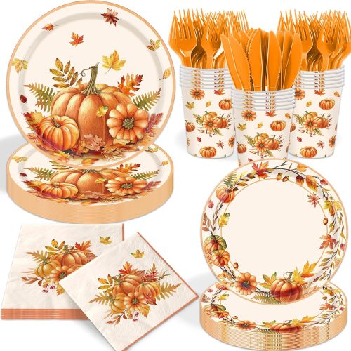 144Pcs Fall Thanksgiving Party Decorations Fall Pumpkin Maple Tableware Set Autumn Harvest Pumpkins Maple Leaf Plates Napkins Cups Cutlery for Thanksgiving Birthday Wedding Party Supplies Serves 24