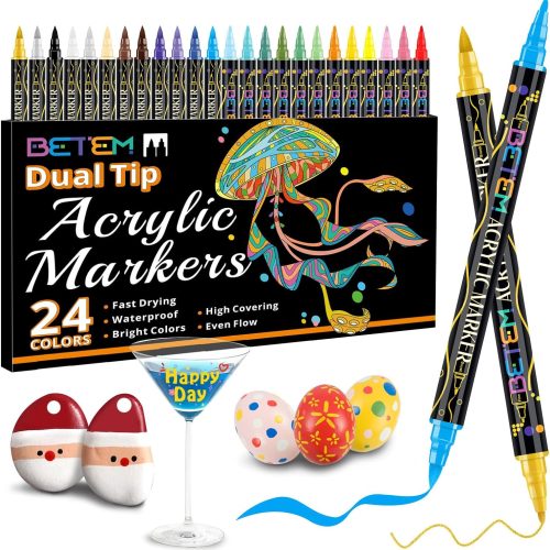 Acrylic Paint Markers, Dual Tip 24 Colors Acrylic Paint Pens with Brush Tip and Fine Point, Art Supplies for Rock, Wood, Canvas, Stone, Glass, Ceramic, Rock Painting Christmas Gift