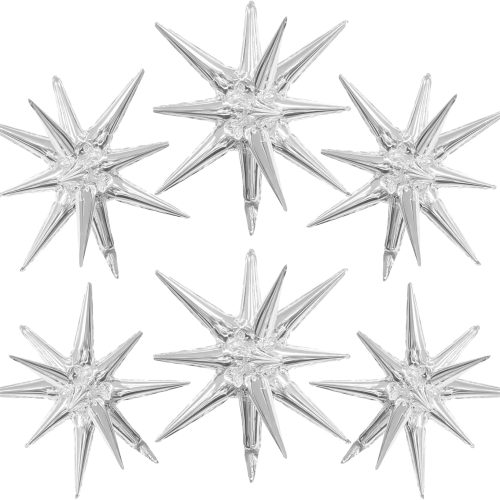Silver Star Balloons 6pcs Foil Mylar Balloons 22 Inch Large Cone Spike Explosion Star Balloon Party Decorations for Christmas Birthday Bachelorette Disco Party