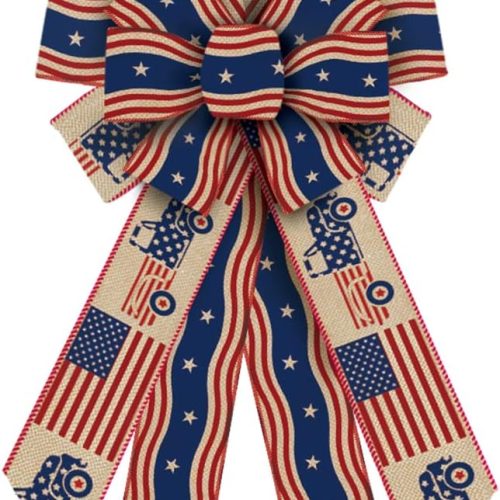 Threetols Large Patriotic Wreath Bows, Patriotic Star Bows for Wreath Veterans Day Burlap Stripes Bows for Front Door, Red Blue Linen American Flag Bows for Christmas Indoor Outdoor Tree Decor