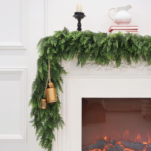 9FT Christmas Cedar Garland Artificial Realistic Green Faux Real Touch Winter Pine Garland for Mantle Fireplace Wall Table Indoor Outdoor Decoraiton