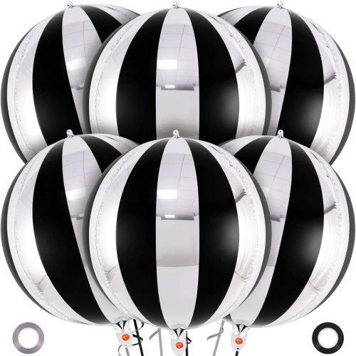 Black and Silver Striped Balloons, 22 Inch Metallic Round Foil Balloons, 6 Pcs Silver and Black Mylar Balloons for Birthday Disco New Year Party Decorations