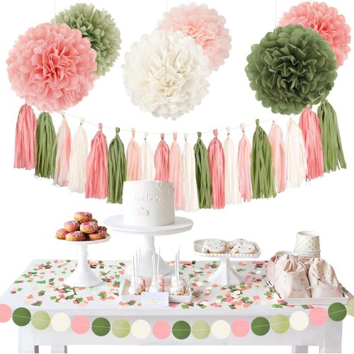 Wedding Party Decorations, 27 PCS Pink Sage Green Tissue Paper Pom Poms, Circle Dots Garland Paper Tassels Hanging Decor for Baby Shower Bridal Shower Engagement Birthday Party Supplies