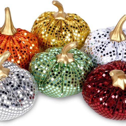 FORUP 6 Pcs Thanksgiving Pumpkin Set, Soft Stuffed Artificial Fall Pumpkin Decoration, Assorted Harvest Sparkly Pumpkins for Farmhouse Fall Halloween Autumn Thanksgiving Harvest Home Decorations