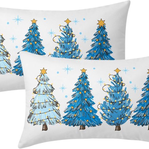 Blue Christmas Tree Lumbar Throw Pillow Covers 12X20 In Set of 2 Xmas Tree Lights Stars Decorative Rectangle Pillow Cases Winter Holiday Pillow Cover Farmhouse Home Decor For Living Room Sofa Couch