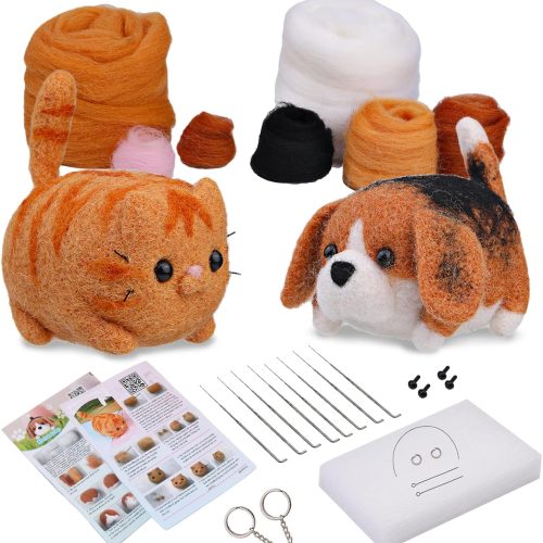1 SHWAKK Needle Felting Kit, 2 PCS Dolls Needle Felting Starter Kit with Instructions, Felting Pad, Felting Wool, Felting Needles, Keychain and Split Ring etc