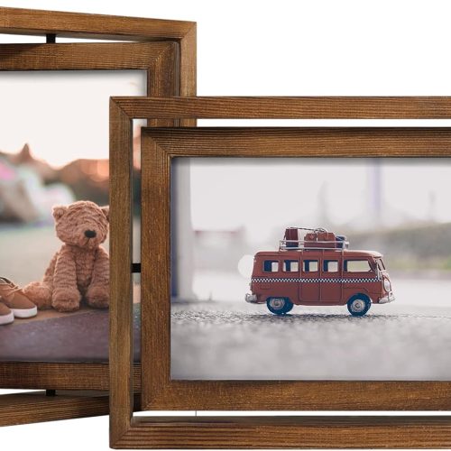 1 2 Pack 5x7 Rotating Floating Picture Frames,Double-Sided Display with HD Glass Front Wooden Distressed Frame for Vertical or Horizontal Tabletop Display, Carbonization
