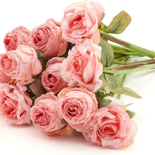 1 Rose Artificial Flower 12pcs Realistic Faux Silk Roses Fake Flowers Bouquets Arrangements Decor for Wedding Spring Mother's Day, Home Table Decorations, Pink Flower